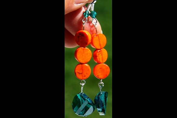 Rich Orange Turquoise and Persian Green Swarovski Crystal Sterling Earrings