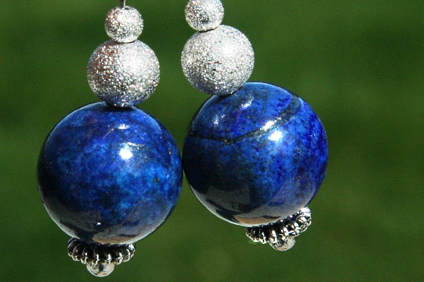 Huge Blue Lapis Lazuli and Silver Stardust Spheres Sterling Silver Earrings