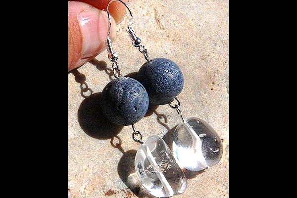 Sterling Silver Earrings with Chunky Rock Quartz and Natural Blue Coral Ball