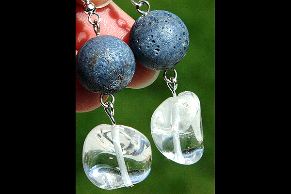 Sterling Silver Earrings with Chunky Rock Quartz and Natural Blue Coral Ball