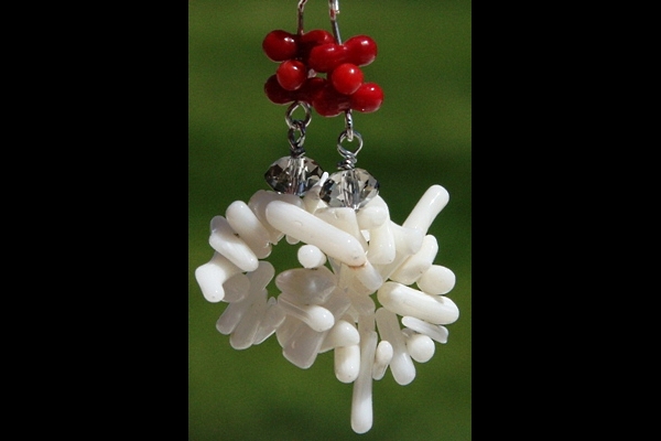 Beautiful Red Coral with Cluster of Natural White Coral Sterling Silver Earrings