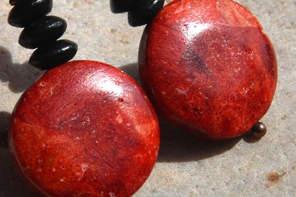 Sizzling Red Sponge Coral and Black Ebony Antiqued Copper Earrings