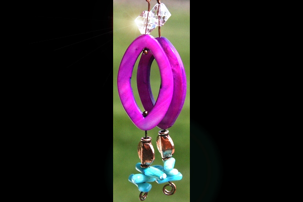 Hot Purple Mother of Pearl with Aqua Coral Sticks - Long Copper Dangle Earrings