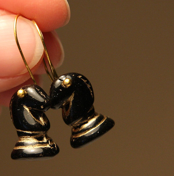 Black and Gold Chess Horse Earrings