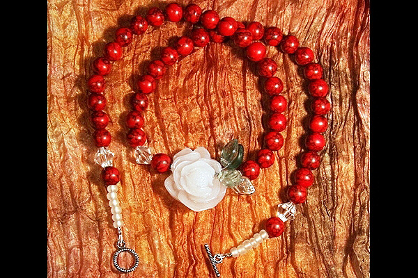 Deep Red Turquoise with White Rose