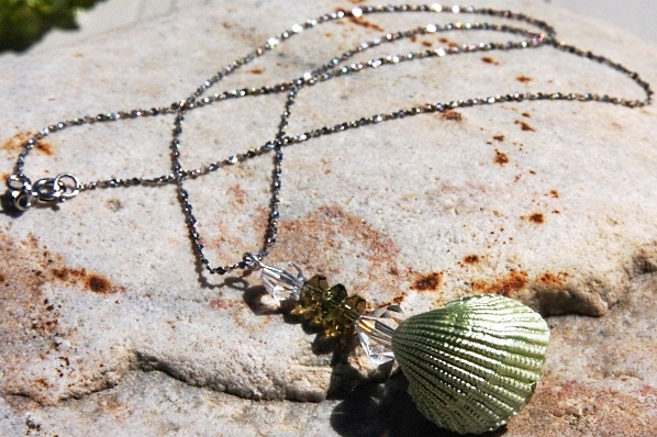 Petite Natural Pearlescent Shell and Olive Green Peridot Sterling Necklace