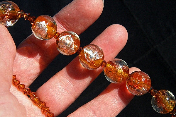 Amber Silver Leaf Murano Glass Ball and Smoked Topaz Swarovski Crystal Necklace