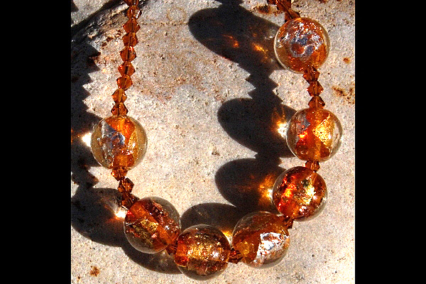 Amber Silver Leaf Murano Glass Ball and Smoked Topaz Swarovski Crystal Necklace