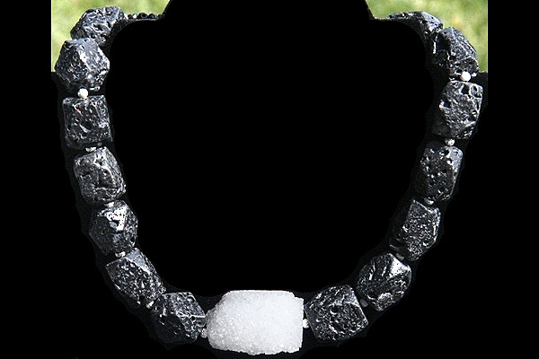 XXL Lava Stone Necklace with Snow White Drusy Crystal Cluster