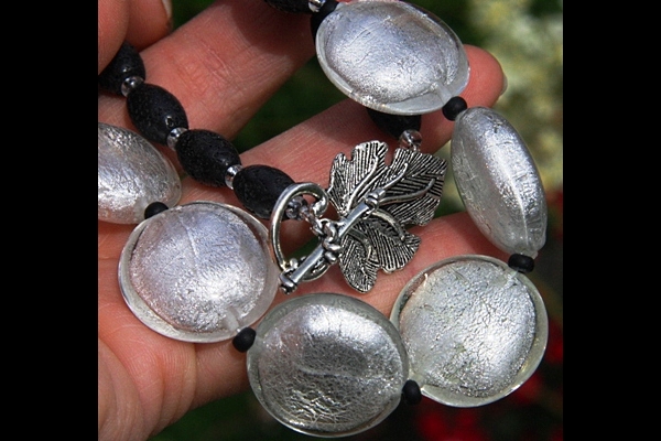 Stunning Big Silver Leaf Murano Glass Disc and Lava Stone Necklace