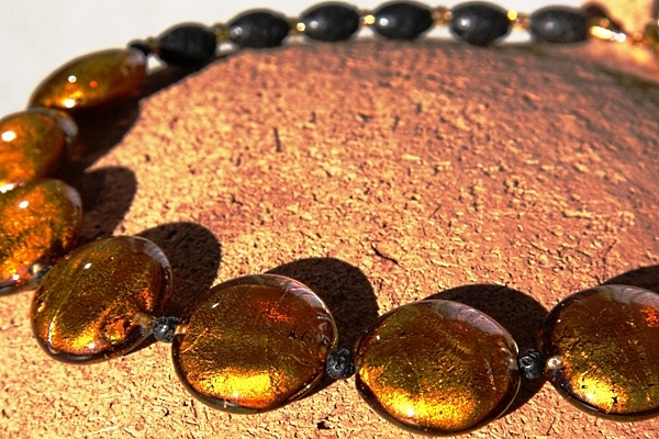 Stunning BIG Silver Leaf Murano Glass GOLD Disc and Lava Stone Necklace