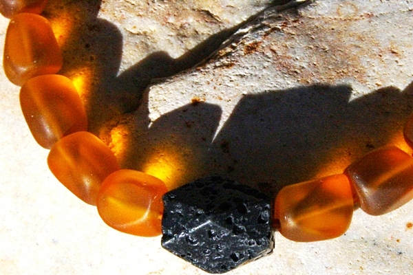 Amber Frosted Tumbled Glass Chunks and Black Lava Stone Necklace