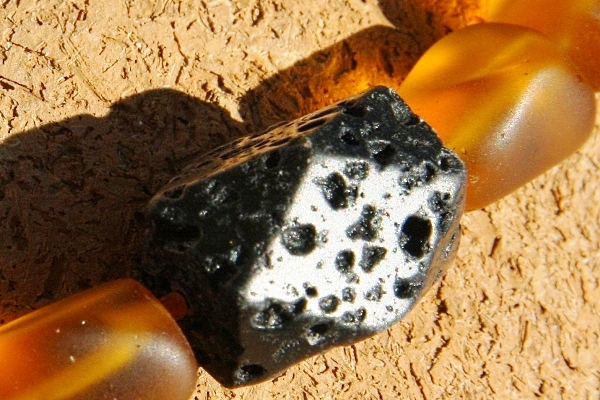 Amber Frosted Tumbled Glass Chunks and Black Lava Stone Necklace