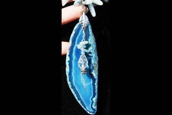 Fairytale Aquamarine Necklace with Long Blue Agate Slice Pendant
