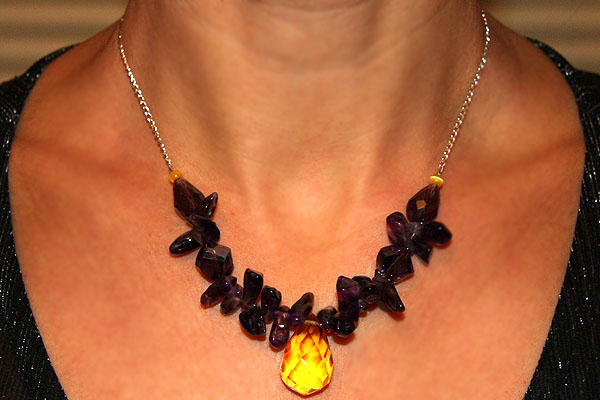 Glowing Yellow Crystal and Purple Amethyst Necklace