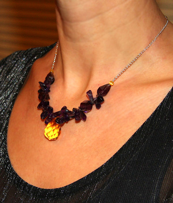 Glowing Yellow Crystal and Purple Amethyst Necklace