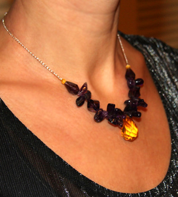 Glowing Yellow Crystal and Purple Amethyst Necklace