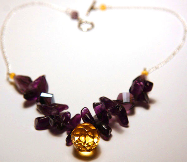 Glowing Yellow Crystal and Purple Amethyst Necklace