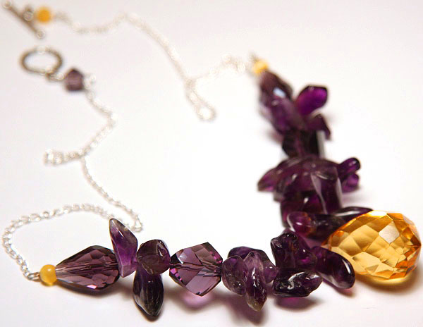 Glowing Yellow Crystal and Purple Amethyst Necklace