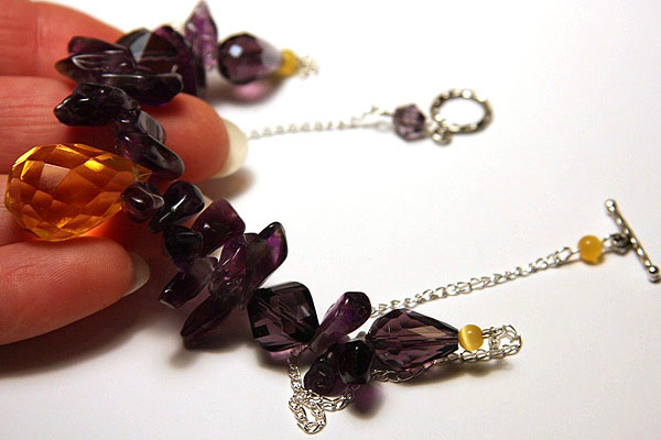 Glowing Yellow Crystal and Purple Amethyst Necklace