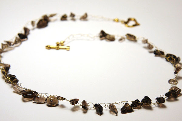 Gold Wire Crochet Necklace with Smoky Quartz Nuggets